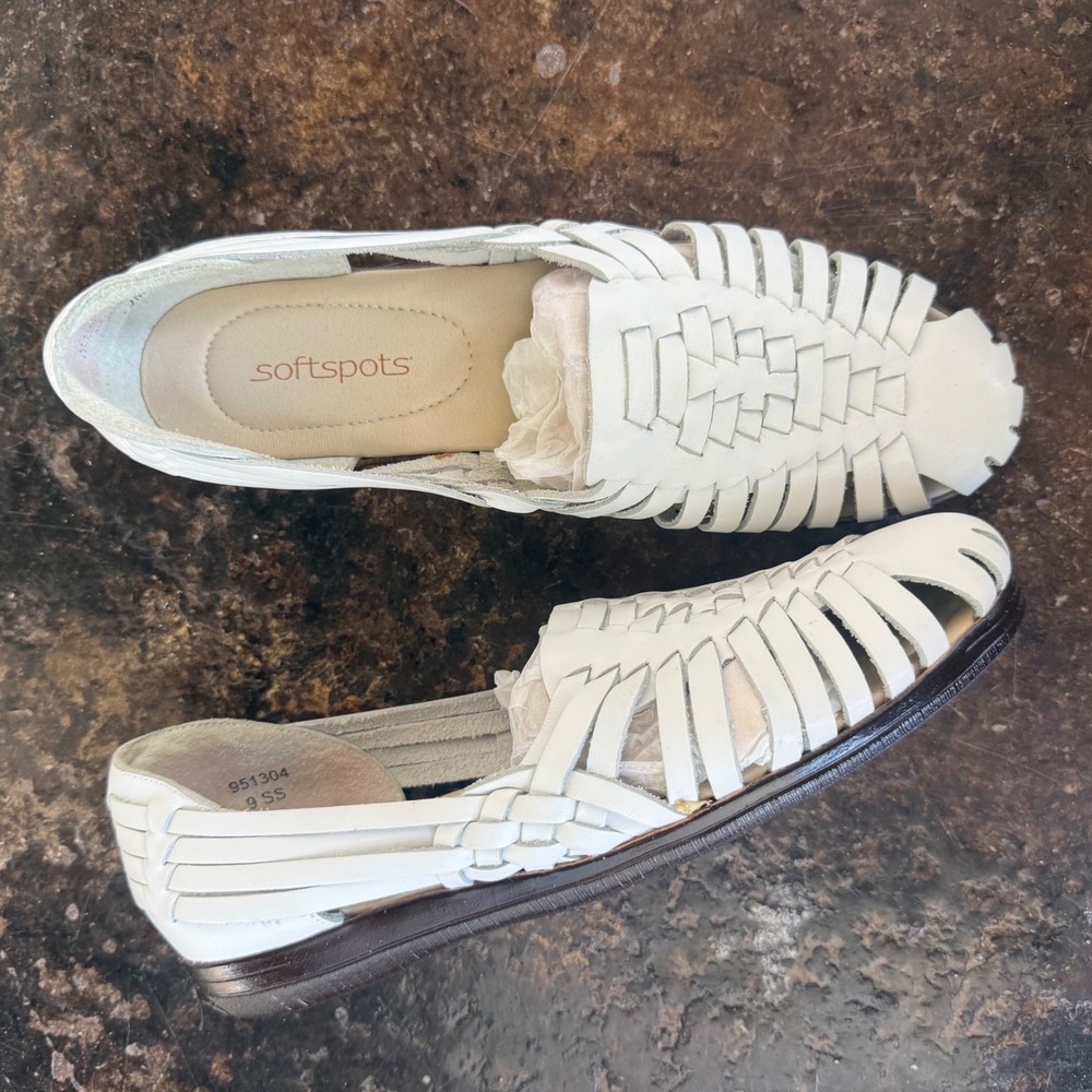 Vtg Softspots Trinidad Huarache Sandals Woven Leather Flats White Women‎ 9 SS
